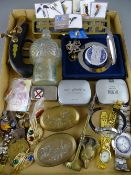 Interesting collectables lot to include two vintage brass snuff boxes, a chrome Davey playing card