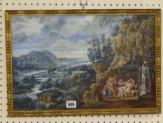 CONTINENTAL SCHOOL mixed media - expansive landscape and river scene with a table of male and female