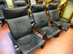 Set of three modern bentwood and black upholstered chairs