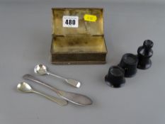 Silver plated casket shaped box, three items of electroplate cutlery and three jeweller's loupes