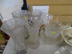 Good pedestal cut glass vase, four other vases and a bowl