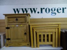 Small pine storage cupboard with single drawer and base cupboard door with black metal fixings and a