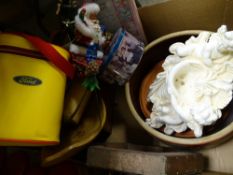 Box of miscellaneous items including treen ware, pottery bowls etc