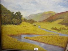 CLARE DIXON ARCA oil on board - winding river in Snowdonia, 43 x 54 cms