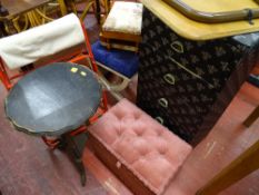 Parcel comprising white painted 'X' framed chair, three shelf whatnot, red metal director's chair,