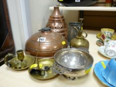 Parcel of copper and brassware including hotwater bottles, white metal quaich etc