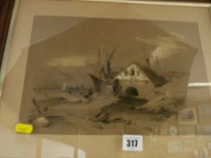 DUDSON? pencil drawing - mill and dockside scene