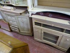 Three items of modern limed oak furniture comprising small two door, four drawer sideboard, small