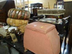 A parcel of furniture to include piano stool, footstools, Lloyd Loom basket, North African leather &