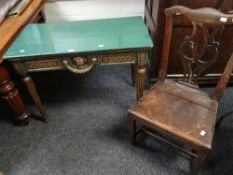 A green & gilt painted console-style table together with an oak farmhouse chair