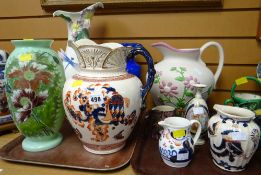 Two trays of various china mainly painted milk glass vases, small Gaudy Welsh jug