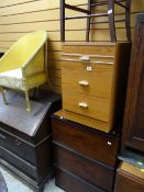 Two modern three-drawer bedroom chests together with a Loom-style bedroom chair & a wicker chair