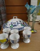 Staffordshire pottery egg set & pair of milk glass lily vases