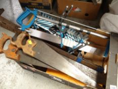 Box of vintage woodworking tools including hand saws, boxed Stanley hand drill etc