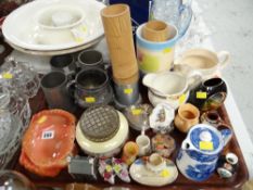 A tray of mixed china & metalware including Torquayware, pewter tankards etc