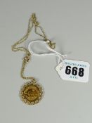 A 1981 tenth Krugerrand in scroll & ball design mount on 9ct chain, in associated box, 6.9grms