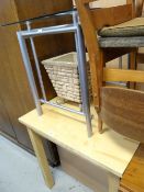 A modern square pine effect kitchen table, metal & glass side table, composite stone flowerpot