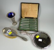 Cased set of six hallmarked silver handled butter knives, hallmarked silver hairbrush, believed