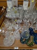 Two trays of various glassware including boxed Dartington vases, drinking glasses, glass animals