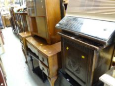 Parcel of furniture to include an oak carved decorated pedonium, small modern black ash three-door