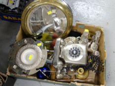 Box of various metalware including circular metal framed mirror, EPNS decorated brassware etc