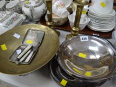 Pair of brass candlesticks, brass dish etc