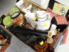 A box of mixed china, ornaments, fridge magnets etc
