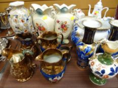 Pair of cobalt & gilt Staffordshire vases together with a similar large planter, lustre jugs etc