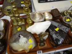 Mother-of-pearl shells, fossil specimen, brass candlesticks etc