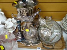 Tray of EPNS including champagne bucket, claret jug, part-teaset etc