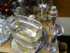 A parcel of EPNS including cocktail shaker, bottle pourer, ice bucket etc