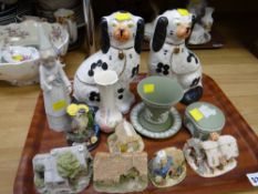 Tray of mixed china including Liliput Lane cottages, Wedgwood green & white Jasperware, pair of