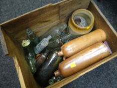 A box of various stone bottles & glass bottles