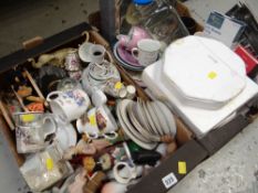 Two boxes of mainly household items & ornaments, collectors plates, battery wall clock, mugs etc