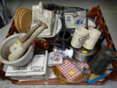 Crate of mainly kitchenware including pestle & mortar, lidded cheese dish etc