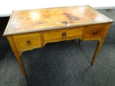 A neat satin wood & inlaid decorated ladies' writing desk with a tooled leather top