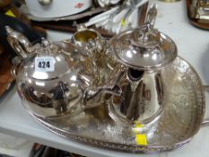 Four-piece EPNS teaset on a twin-handled EPNS gallery tray