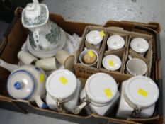 Box of mixed china including storage jars, mugs etc