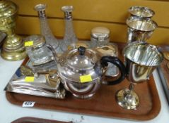 Parcel of EPNS including EPNS & glass dressing table set, tankards, teapot, butter dish etc