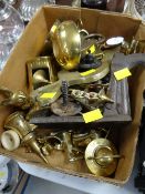 A box of various brass ornaments etc