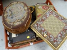 Crate of various beadwork & embroidered foot stools & panels