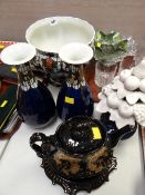 A pair of Woods & Sons, Burslem 'Trellis' patterned vases together with a matching planter,