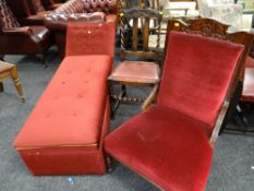 A modern red dralon upholstered day bed with storage together with an early twentieth century