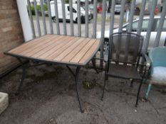 Square metal garden table with teak plank insert & two metal chairs (outside)