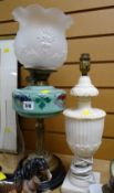 A good brass column & painted glass reservoir oil lamp together with a marble table lamp base
