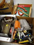 Box of vintage railway track, buildings, diecast vehicles