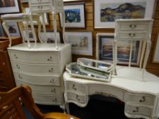 A parcel of painted white & gilt French-style bedroom furniture comprising kidney shape mirrored