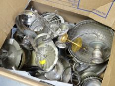 Box of various metalware, teapots etc
