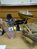 A modern Salter weighing scales, decorated glass jug, child's miniature skittles set