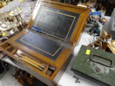 A good brass cornered writing slope together with a vintage metal cash tin